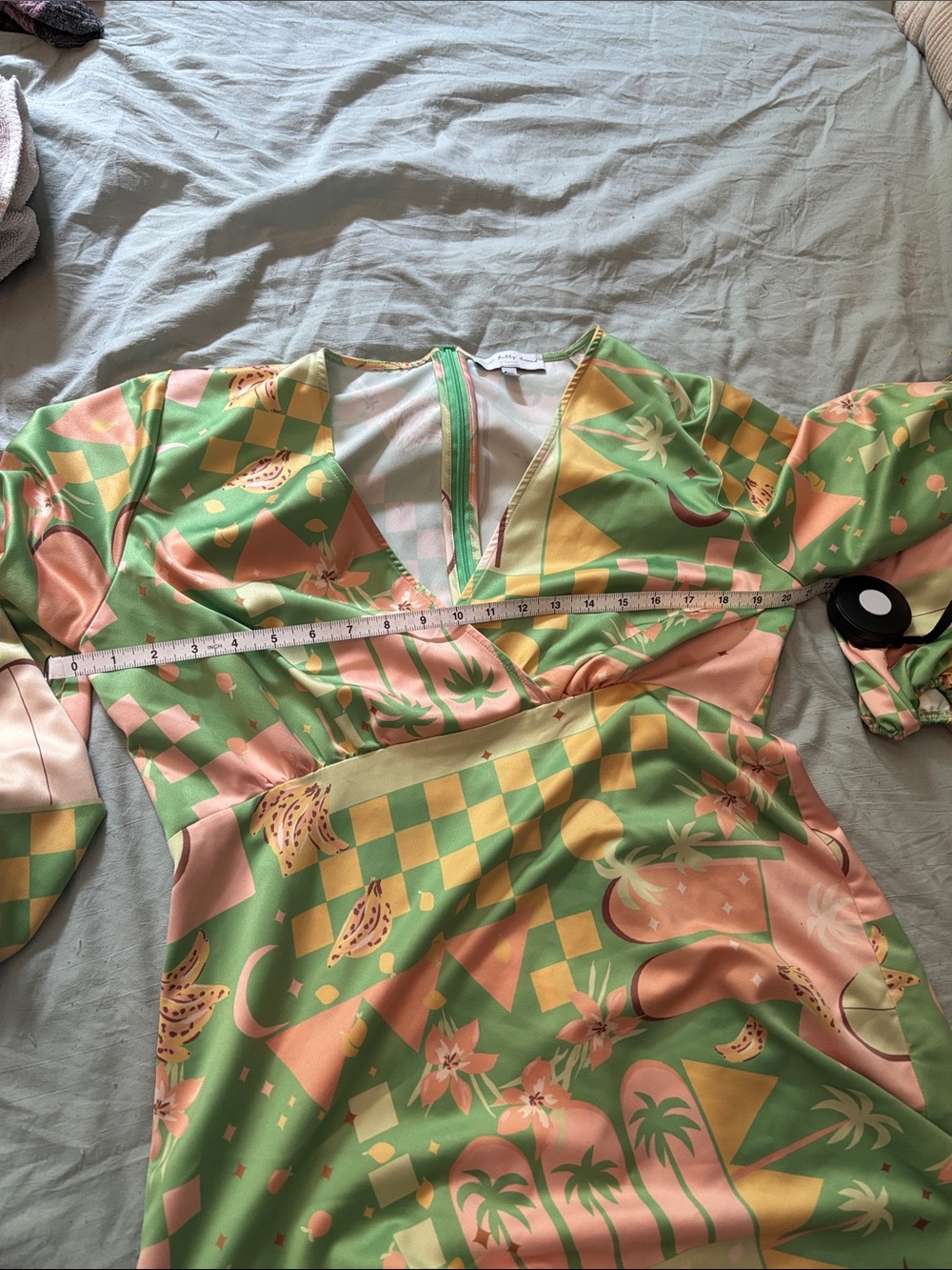 Never Fully Dressed Green and Pink Printed V-Neck Mini Dress - Picture 6 of 7